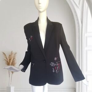 Desigual Black Blazer Jacket with Red & White Embroidered Details